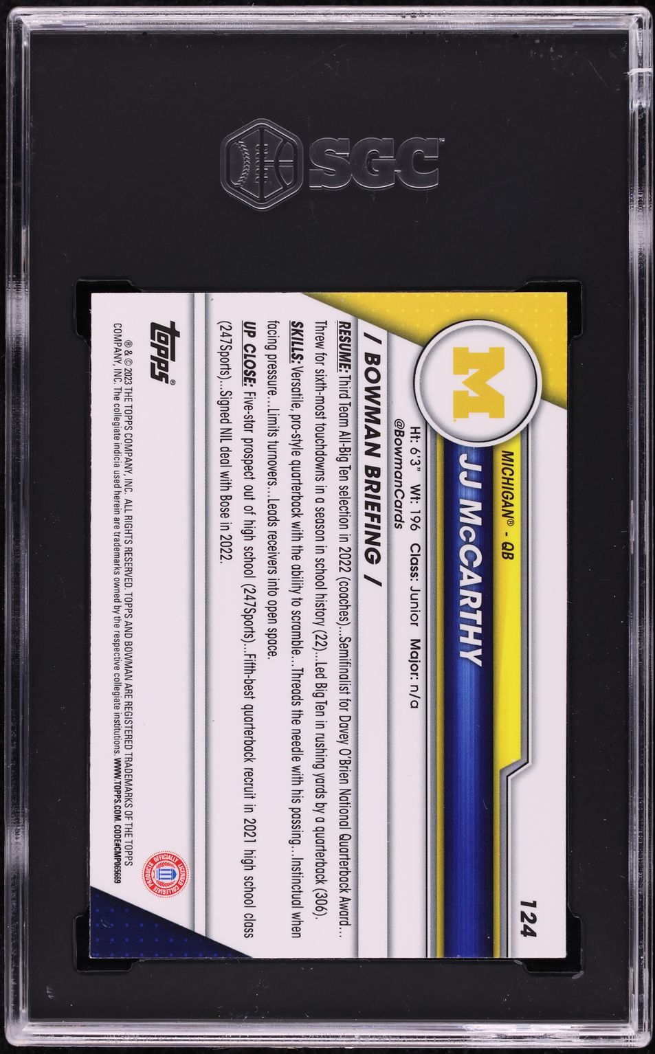 2023 Bowman Chrome University JJ McCarthy ROOKIE #124 SGC 9.5 MINT+