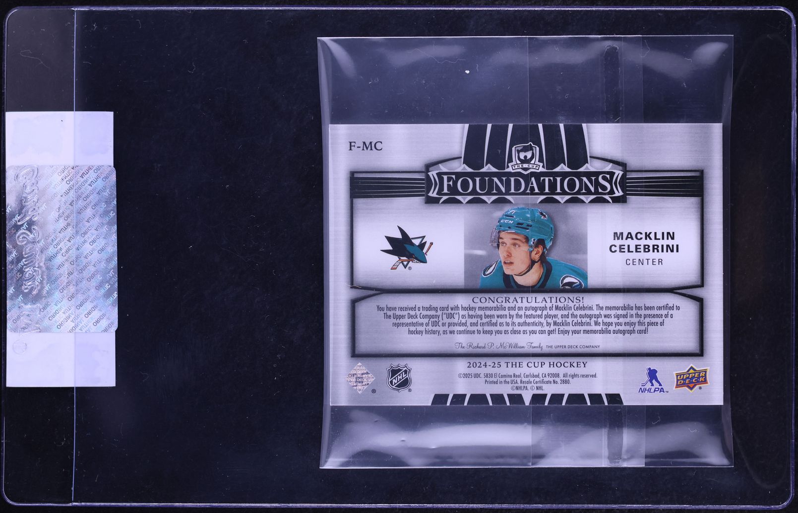 2024 UD The Cup Foundations Quad Jersey Macklin Celebrini ROOKIE PATCH AUTO /15 #F-MC CGC AUTH