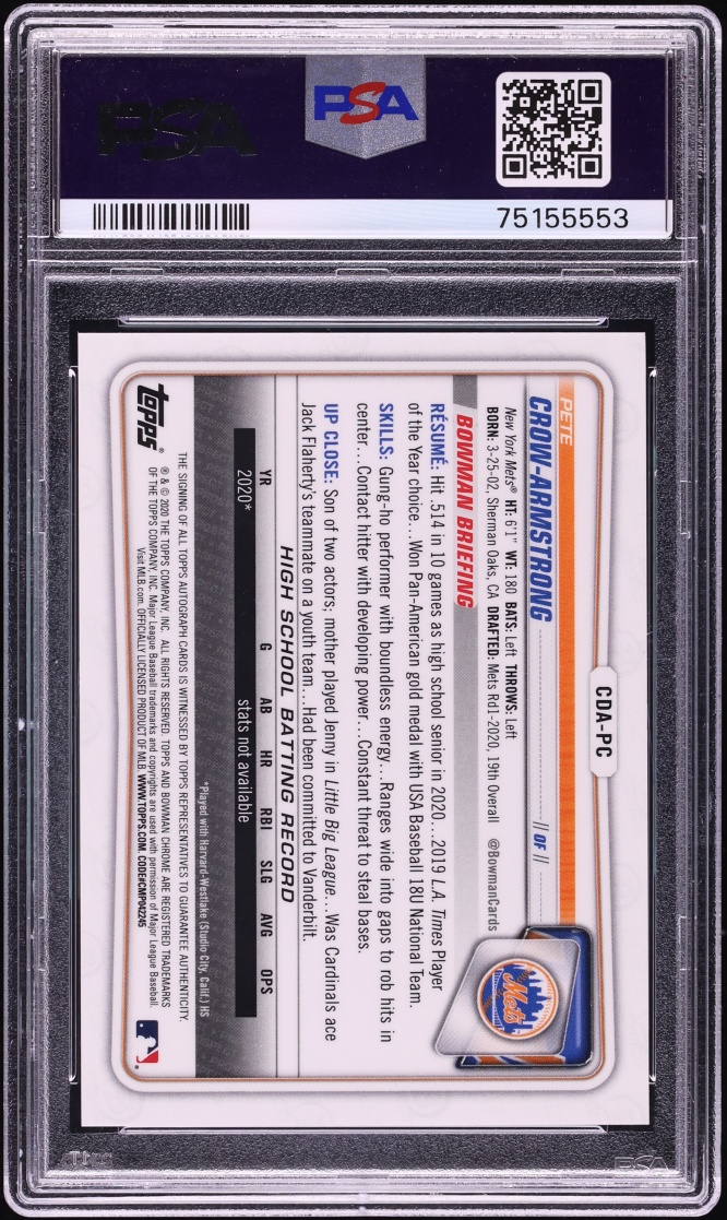 2020 Bowman Chrome Gold Refractor Pete Crow-Armstrong PROSPECT AUTO /50 #CDA-PC PSA 9 MINT - Photo 2