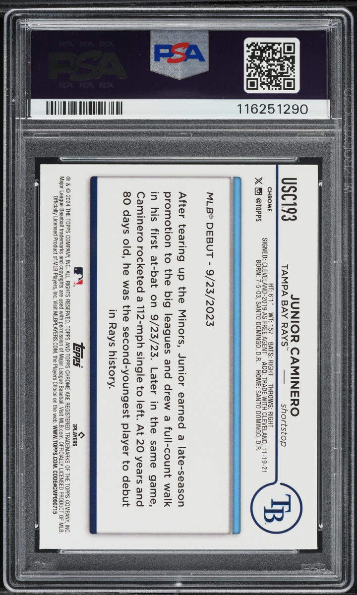 2024 Topps Chrome Update Aqua RayWave Ref. Junior Caminero ROOKIE /199 PSA 9