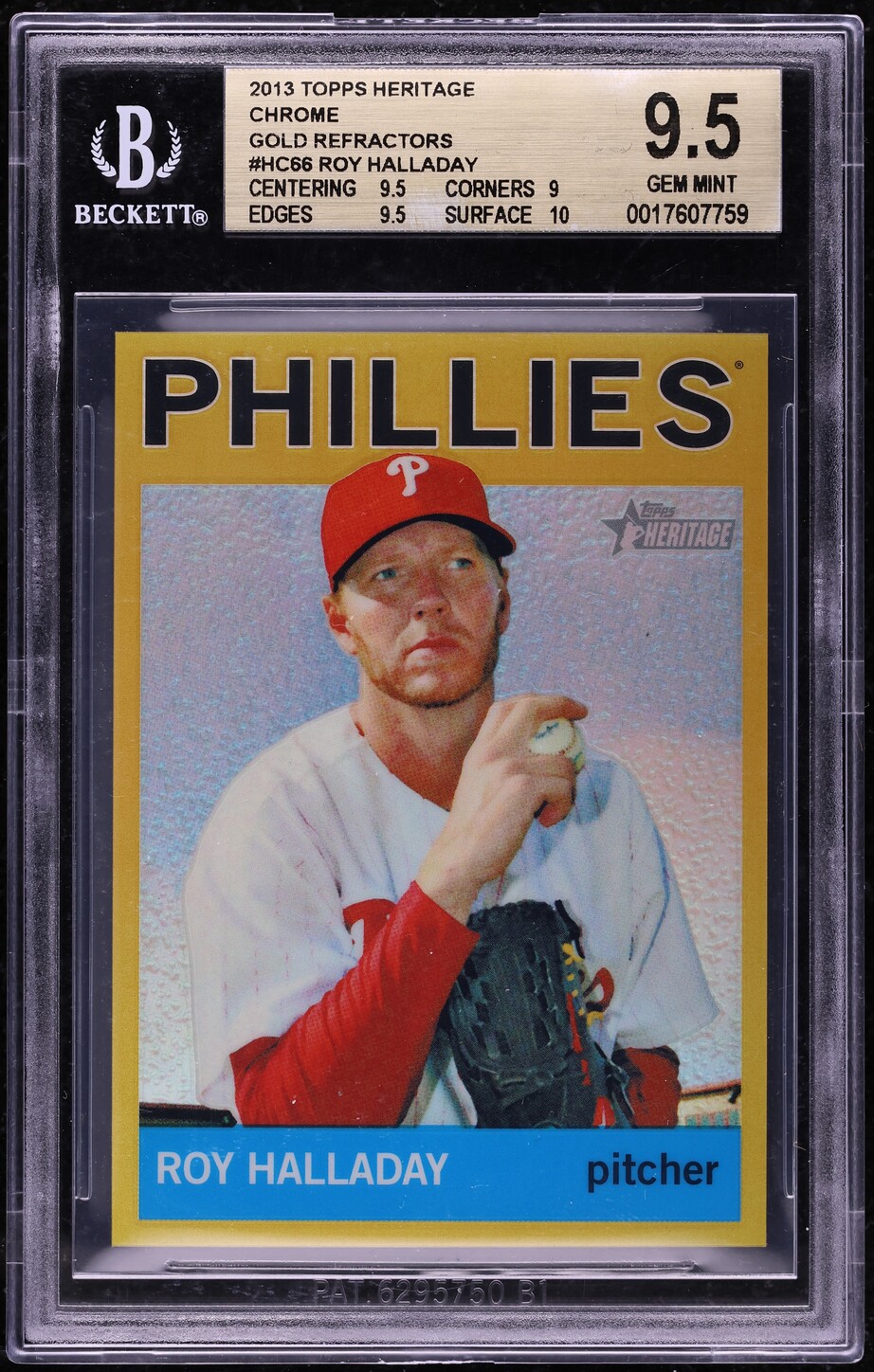 2013 Topps Heritage Chrome Gold Refractor Roy Halladay 5/5 #HC66 BGS 9.5 GEM MINT - Photo 1