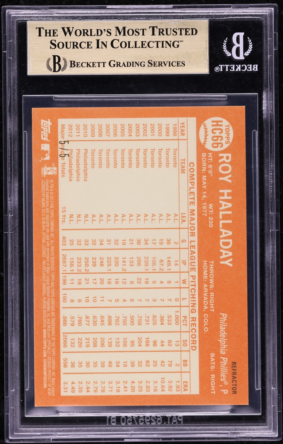 2013 Topps Heritage Chrome Gold Refractor Roy Halladay 5/5 #HC66 BGS 9.5 GEM MINT - Photo 2