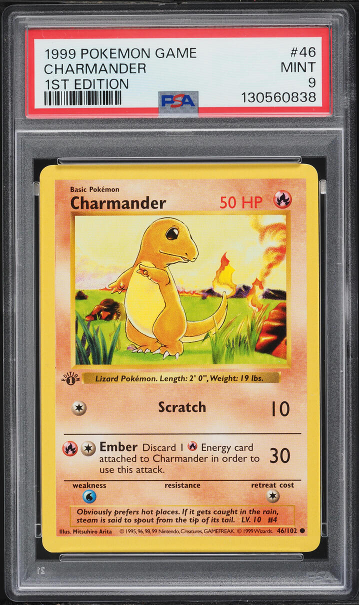 1999 Pokemon Base Set Shadowless 1st Edition Charmander #46 PSA 9 MINT
