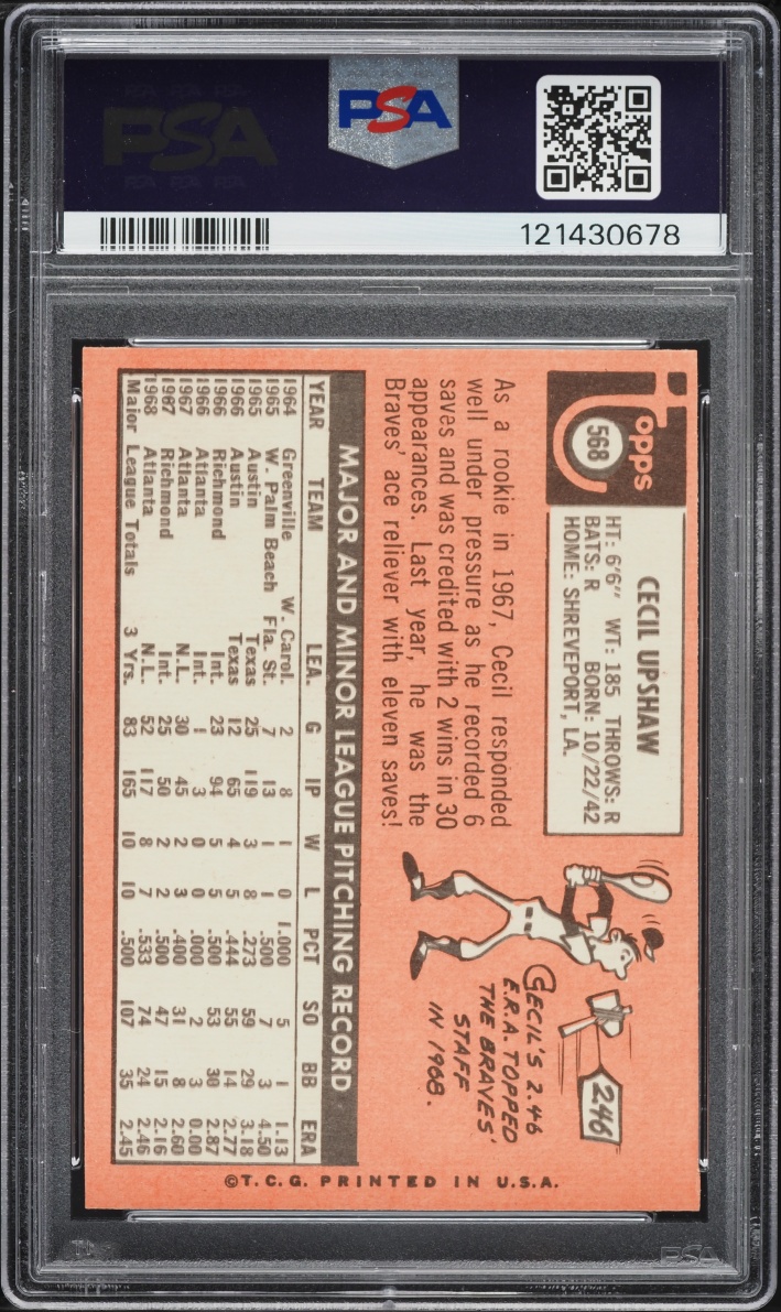 1969 Topps Cecil Upshaw #568 PSA 8(oc) NM-MT