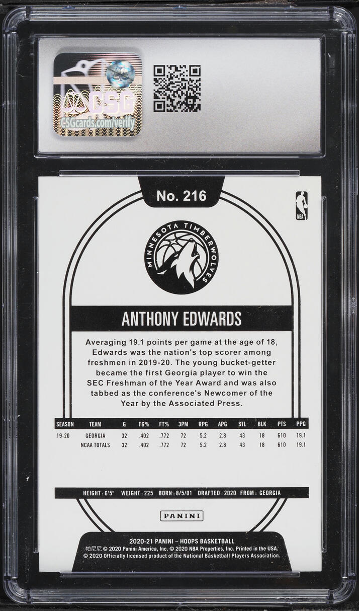 2020 Hoops Winter Anthony Edwards ROOKIE #216 CSG 9.5 MINT+