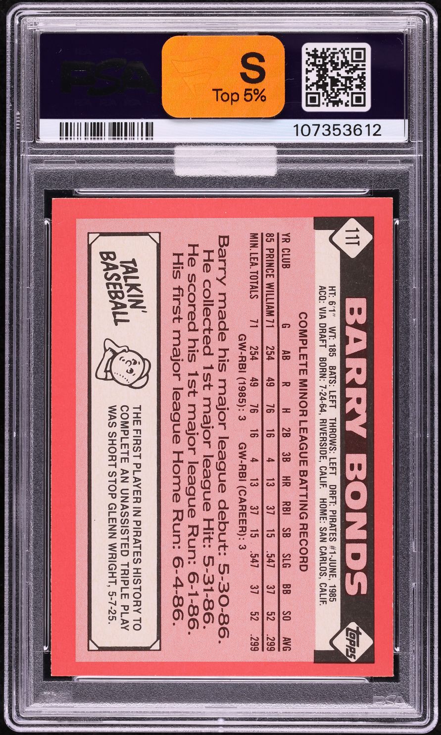 1986 Topps Traded Tiffany Barry Bonds ROOKIE #11T MBA PSA 6 EXMT