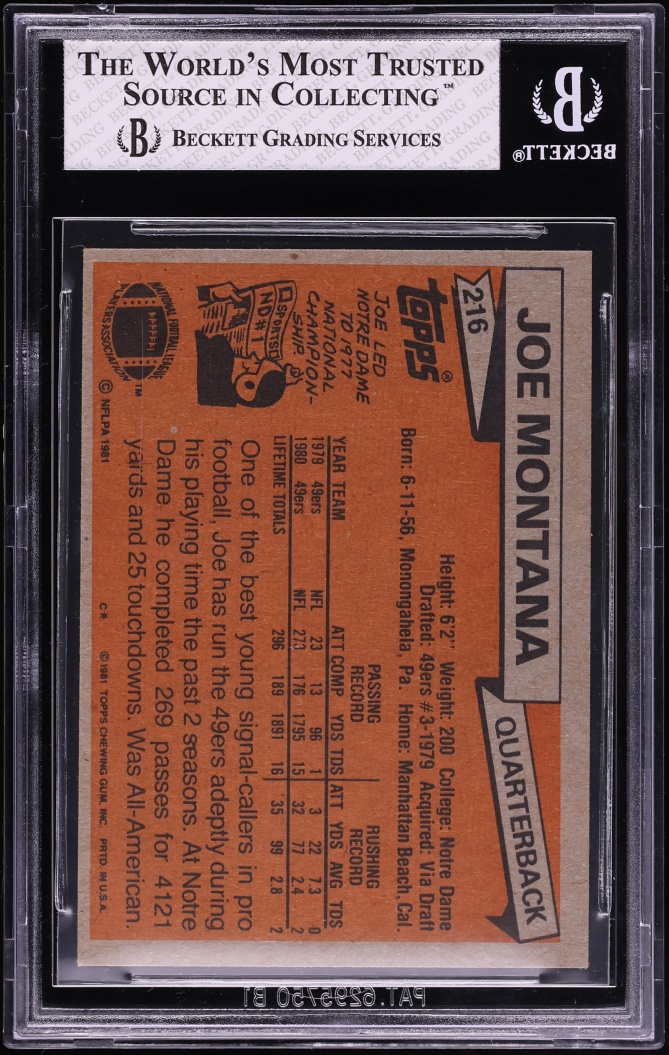 1981 Topps Football Joe Montana ROOKIE  #216 BAS BGS 8 NM-MT