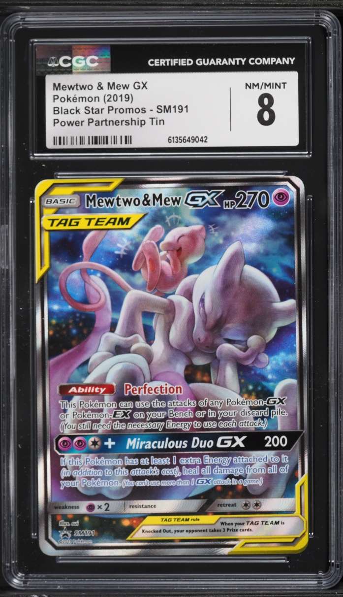 2019 Pokemon SM Promo Power Partnership Tin Full Art Mewtwo & Mew GX #SM191 CGC 8 NM-MT