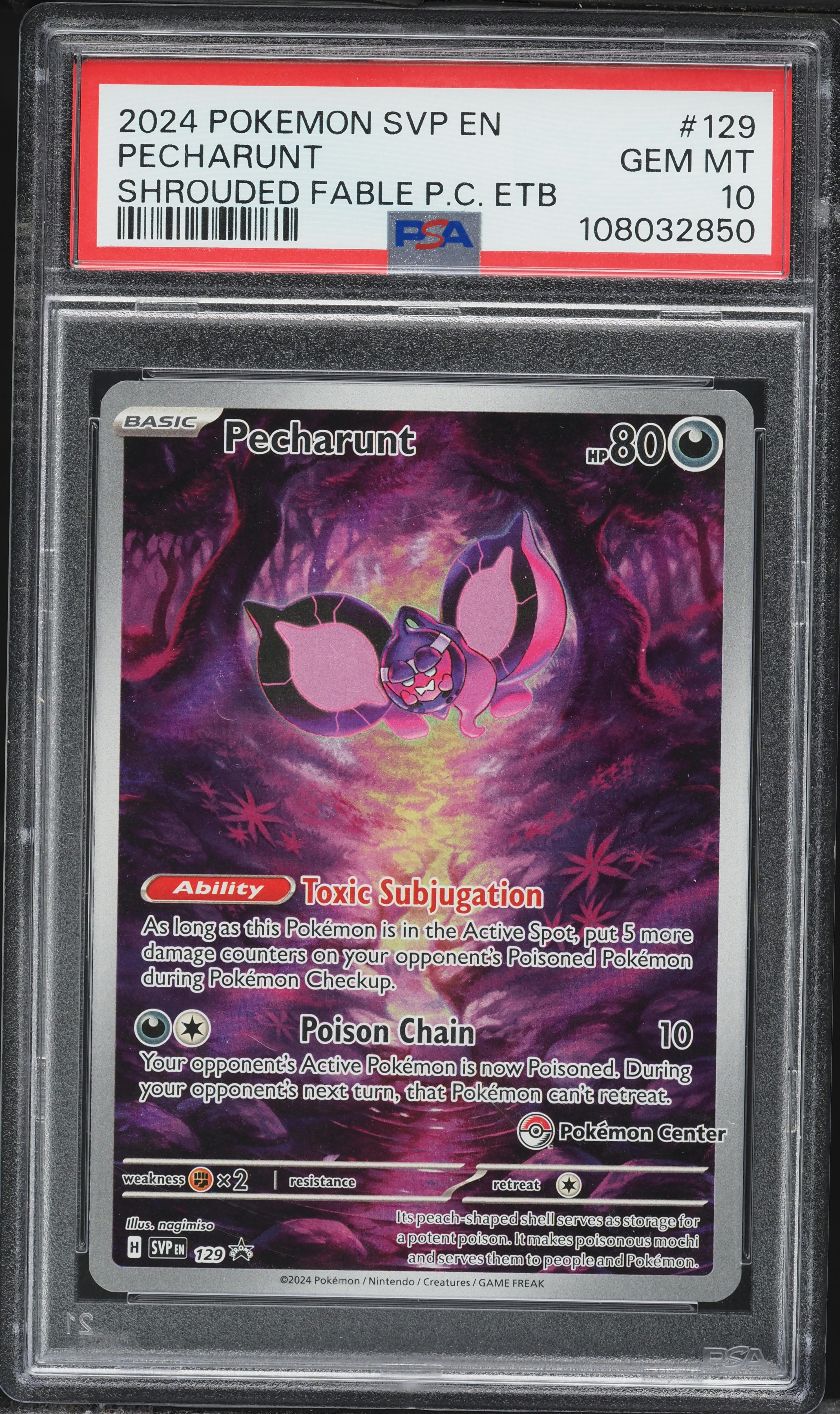 2024 Pokemon Scarlet & Violet Promo Shrouded Fable Center ETB Pecharunt #129 PSA 10 GEM MINT