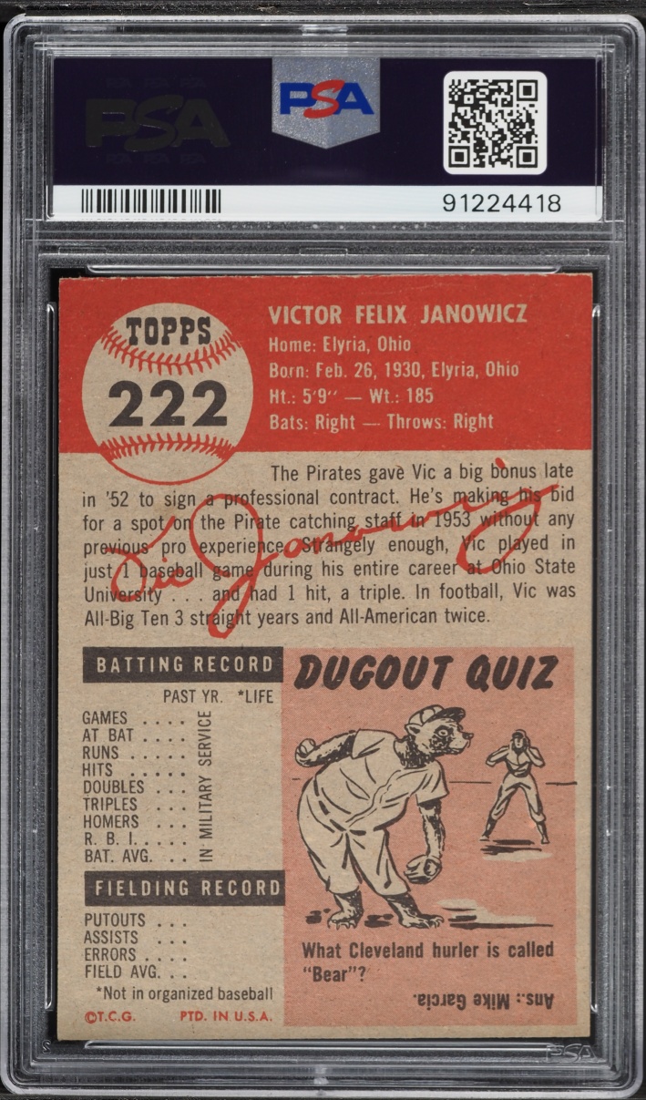 1953 Topps Vic Janowicz #222 PSA 6 EXMT
