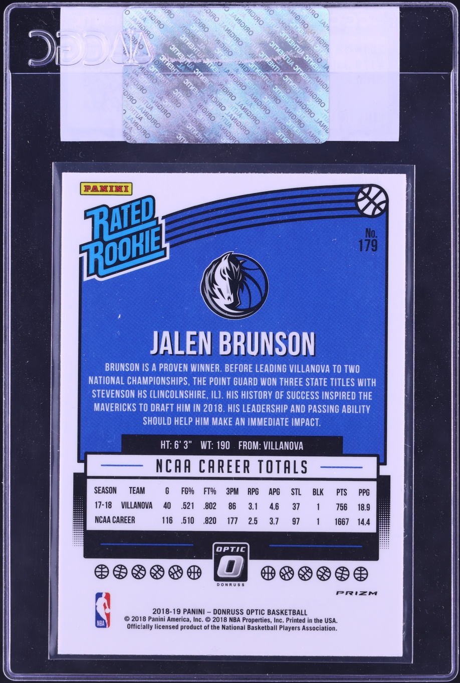 2018 Donruss Optic Shock Prizm Jalen Brunson ROOKIE #179 CGC AUTH