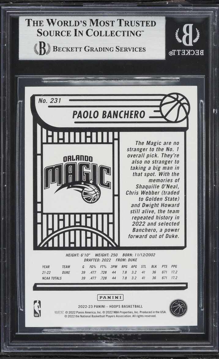 2022 Hoops Paolo Banchero ROOKIE #231 BGS 9 MINT