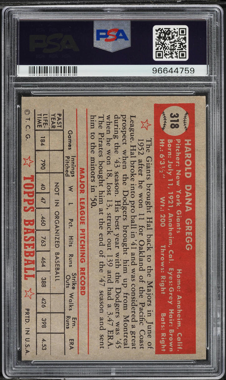 1952 Topps Hal Gregg #318 PSA 6.5 EXMT+