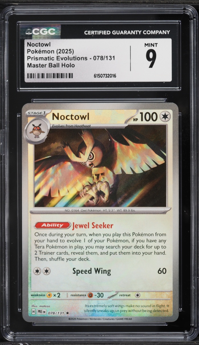 2025 Pokemon Scarlet & Violet Prismatic Evolutions Master Ball Holo Noctowl #78 CGC 9 MINT