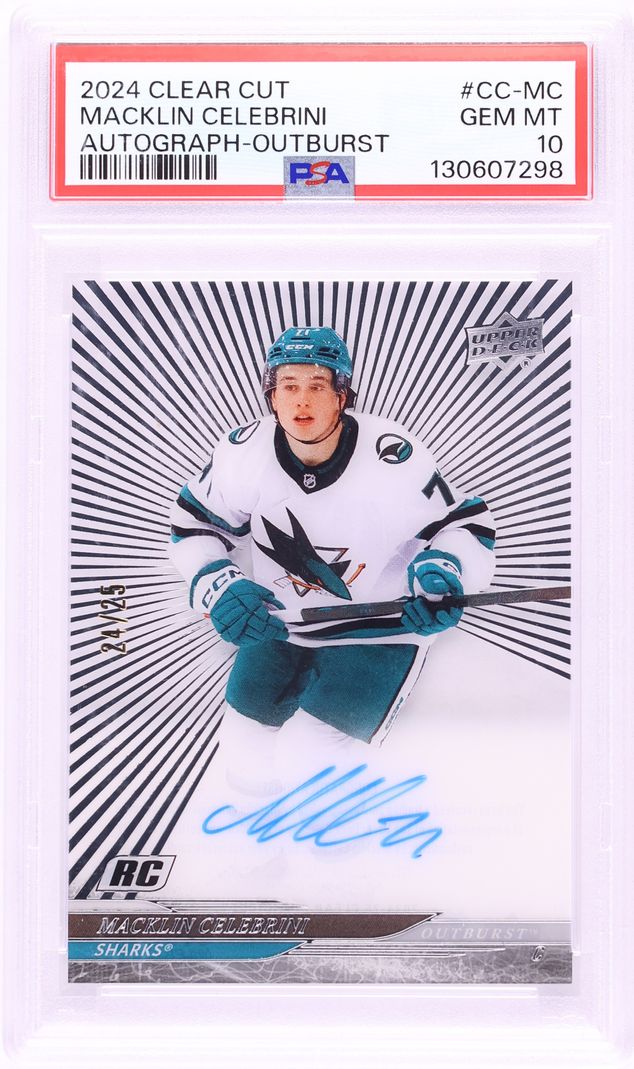 2024 Upper Deck Clear Cut Outburst Macklin Celebrini ROOKIE AUTO /25 #CC-MC PSA 10 GEM MINT