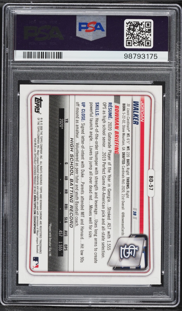 2020 Bowman Chrome Draft Sapphire Jordan Walker PROSPECT #BD-57 PSA 9 MINT