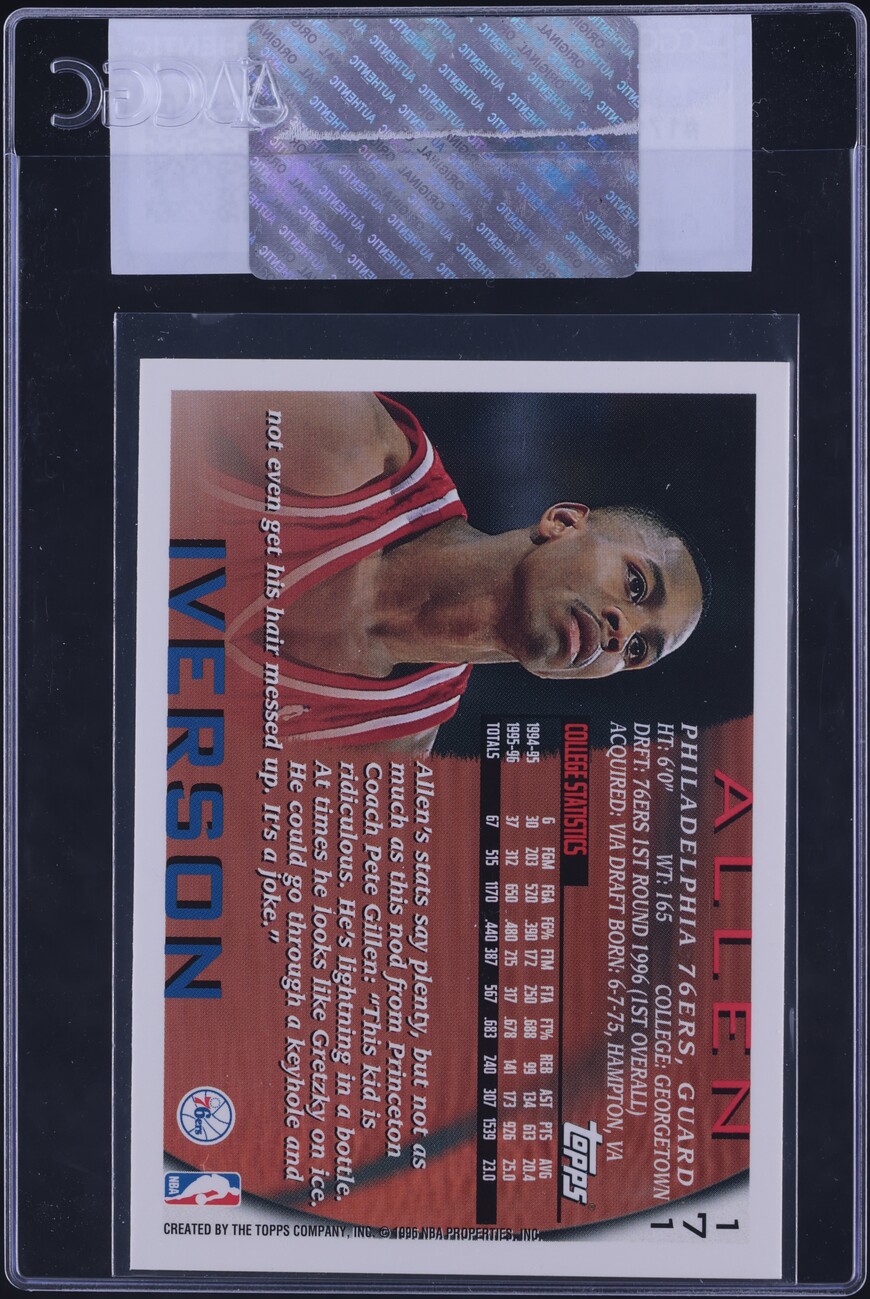1996 Topps Basketball Allen Iverson ROOKIE #171 CGC AUTH