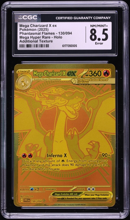 2025 Pokemon Mega Evolution Phantasmal Flames MHR Error Mega Charizard X ex #130 CGC 8.5 NM-MT+
