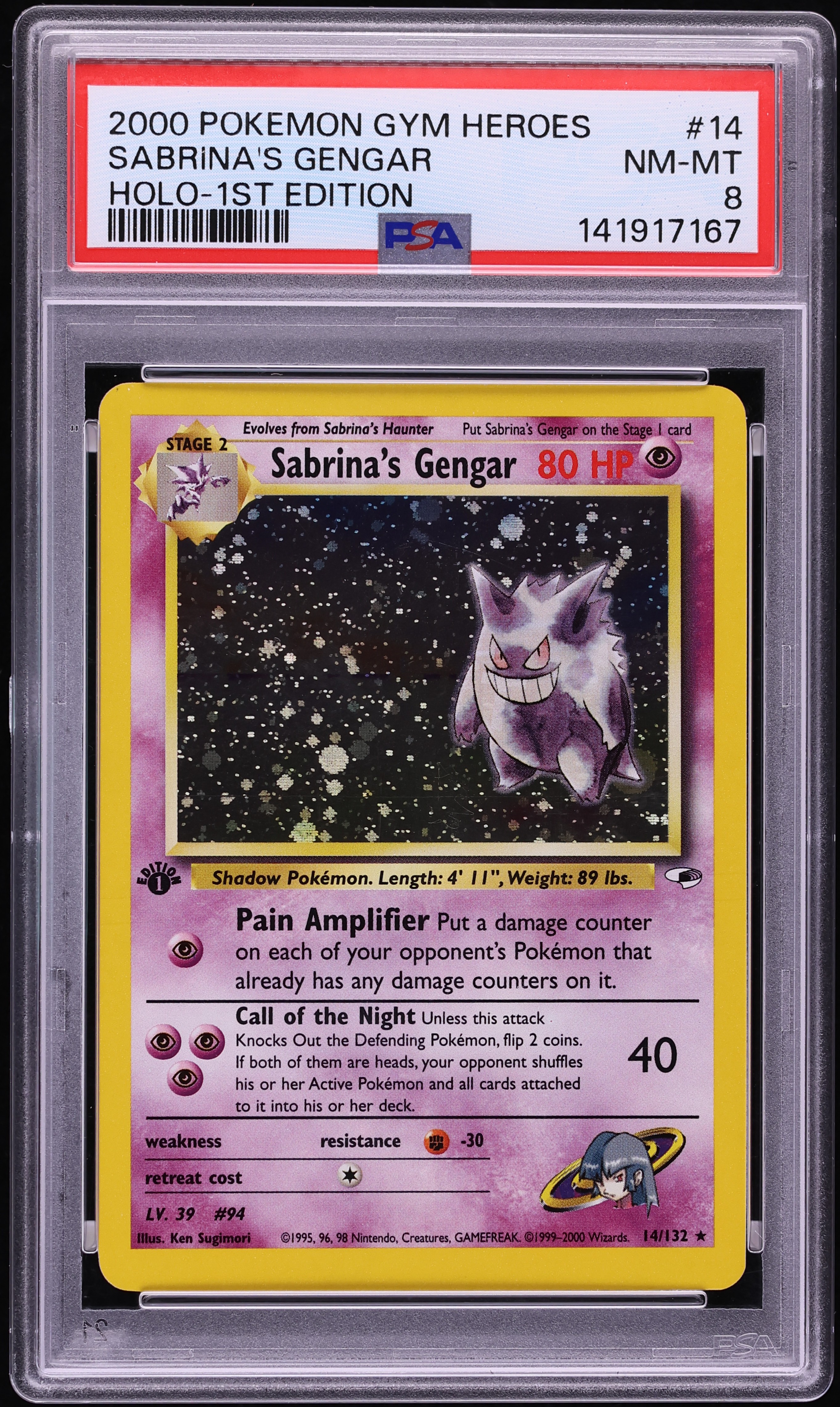 2000 Pokemon Gym Heroes 1st Edition Holo Sabrina's Gengar #14 PSA 8 NM-MT