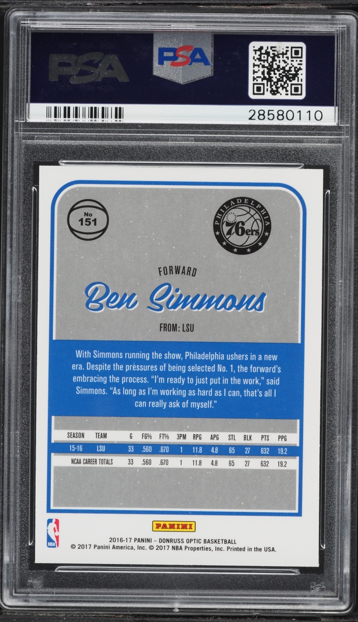 2016 Donruss Optic Ben Simmons ROOKIE #151 PSA 10 GEM MINT