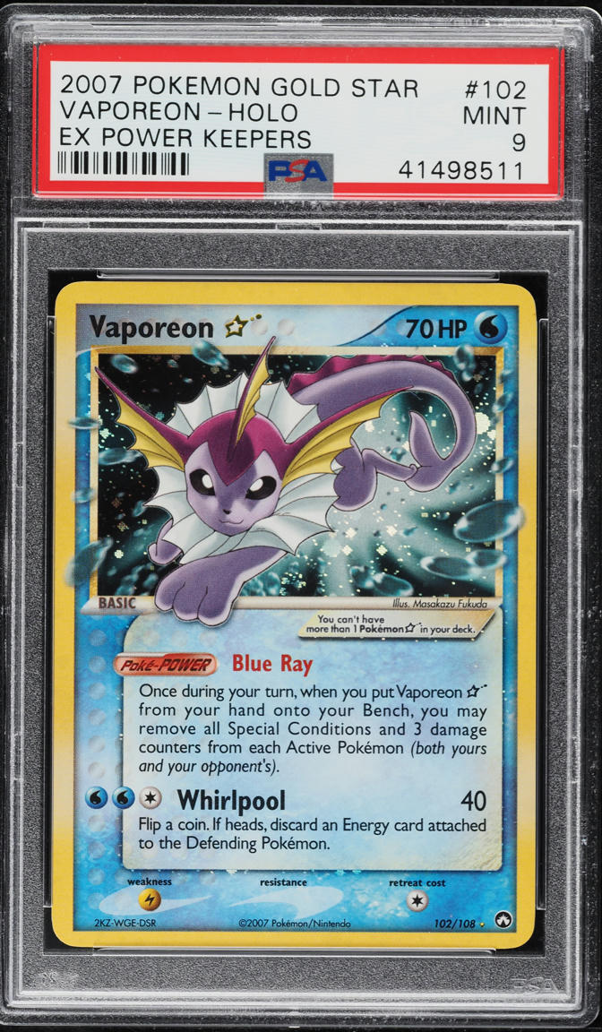2007 Pokemon EX Power Keepers Holo Vaporeon Gold Star #102 PSA 9 MINT