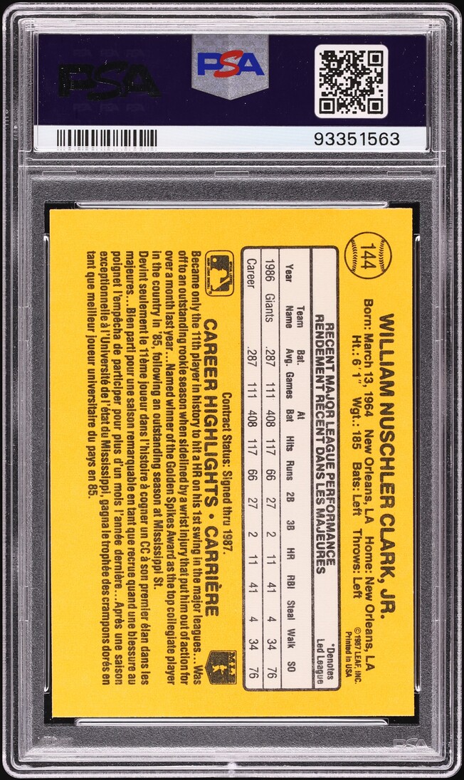 1987 Leaf Will Clark ROOKIE #144 PSA 7 NRMT