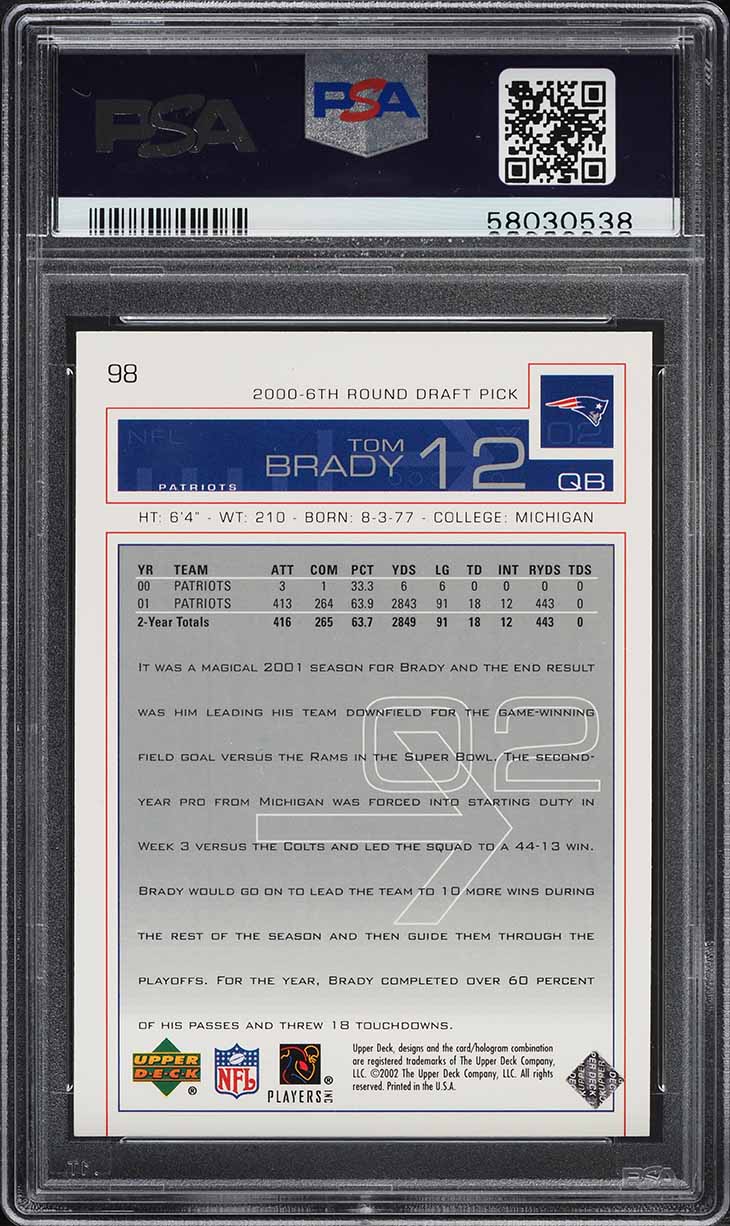 2002 Upper Deck Football Tom Brady #98 PSA 9 MINT
