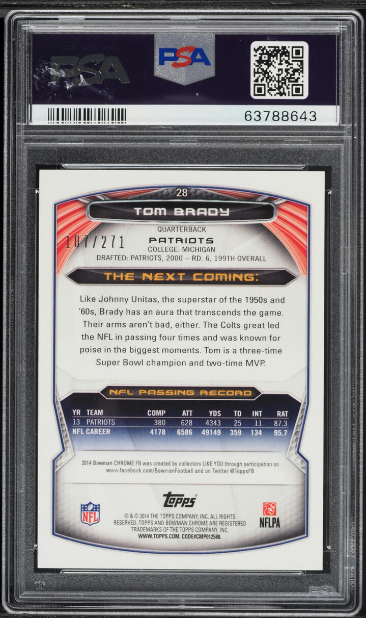 2014 Bowman Chrome Pulsar Refractor Tom Brady /271 #28 PSA 9 MINT