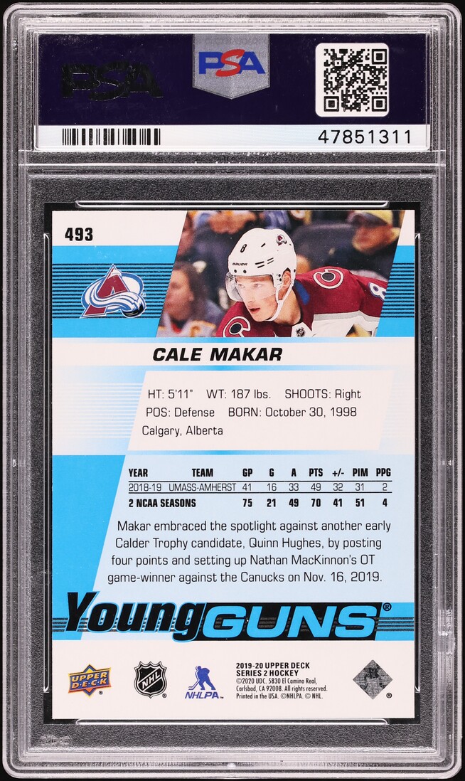 2019 Upper Deck Young Guns Cale Makar ROOKIE #493 PSA 10 GEM MINT