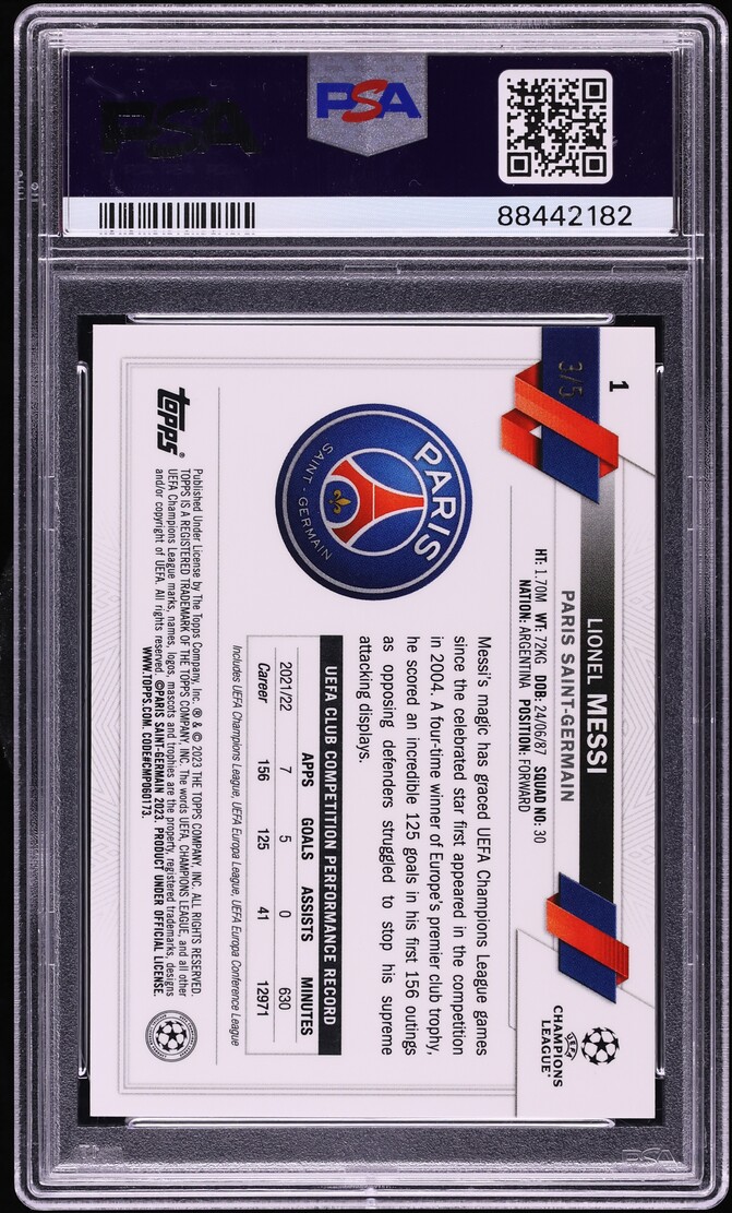 2022 Topps Chrome UEFA Club Competitions Red Refractor Lionel Messi /5 #1 PSA 9