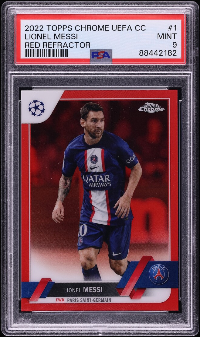 2022 Topps Chrome UEFA Club Competitions Red Refractor Lionel Messi /5 #1 PSA 9