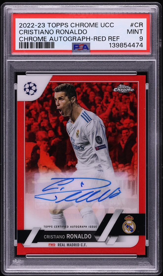 2022 Topps Chrome UEFA Club Competitions Red Refractor Cristiano Ronaldo AUTO 5/5 #CR PSA 9