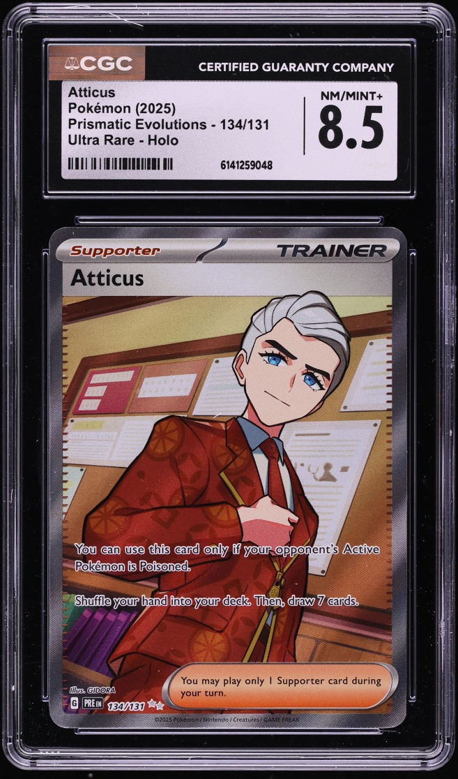 2025 Pokemon Scarlet & Violet Prismatic Evolutions Full Art Atticus #134 CGC 8.5 NM-MT+