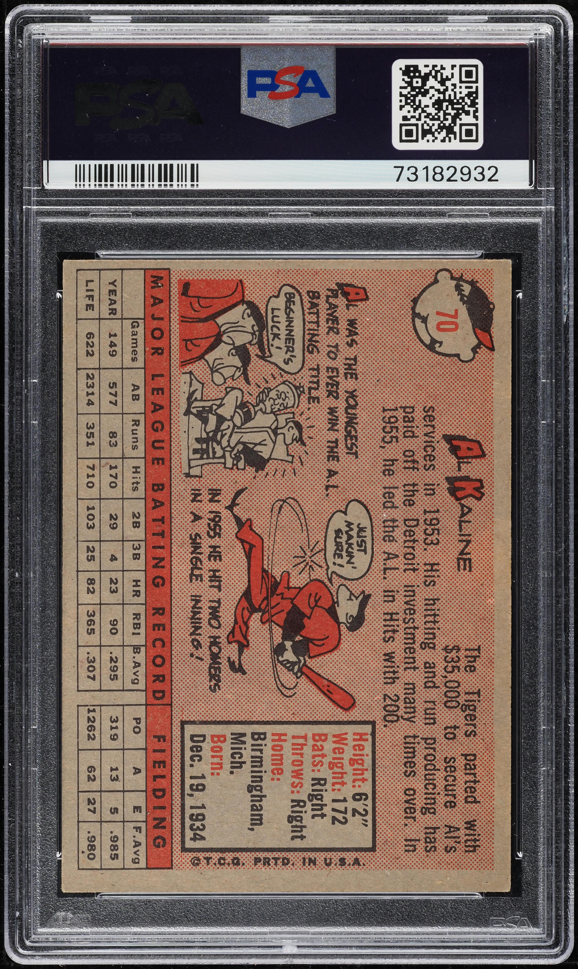 1958 Topps Al Kaline WHITE NAME #70 PSA 6 EXMT