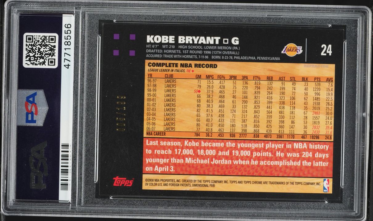 2007 Topps Chrome Orange Refractor Kobe Bryant /199 #24 PSA 10 GEM MINT