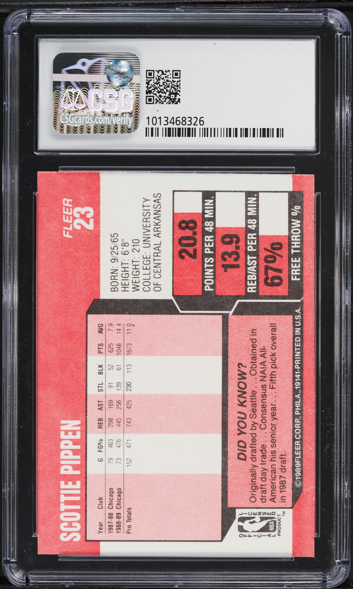 1989 Fleer Basketball Scottie Pippen #23 CSG 7.5 NRMT+