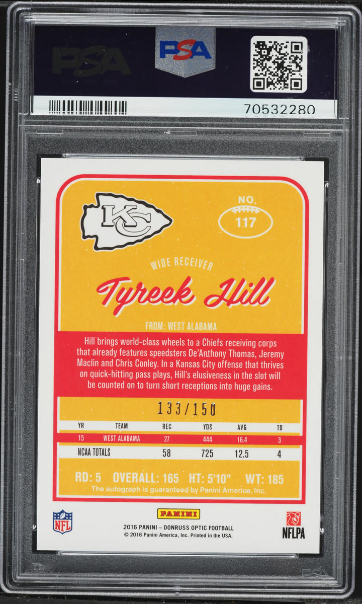 2016 Donruss Optic Tyreek Hill ROOKIE AUTO /150 #117 PSA 10 GEM MINT