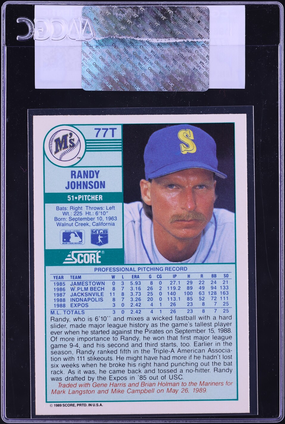1989 Score Traded Randy Johnson ROOKIE #77T CGC AUTH