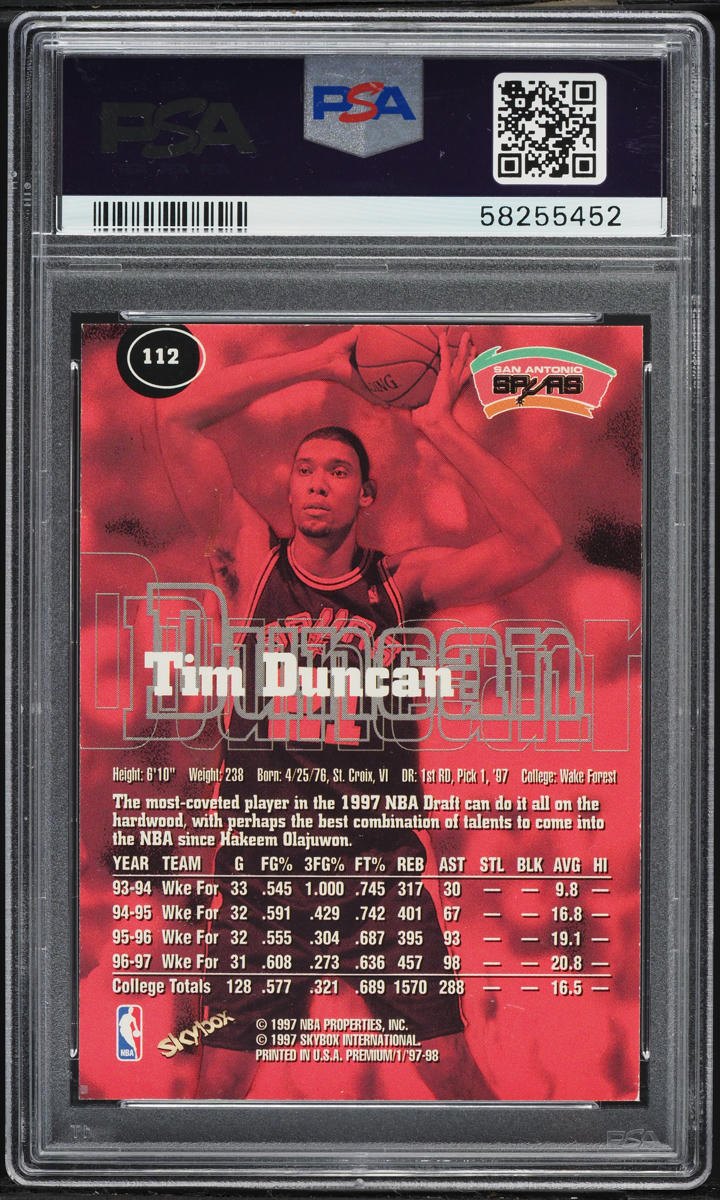1997 Skybox Premium Tim Duncan ROOKIE #112 PSA 8 NM-MT