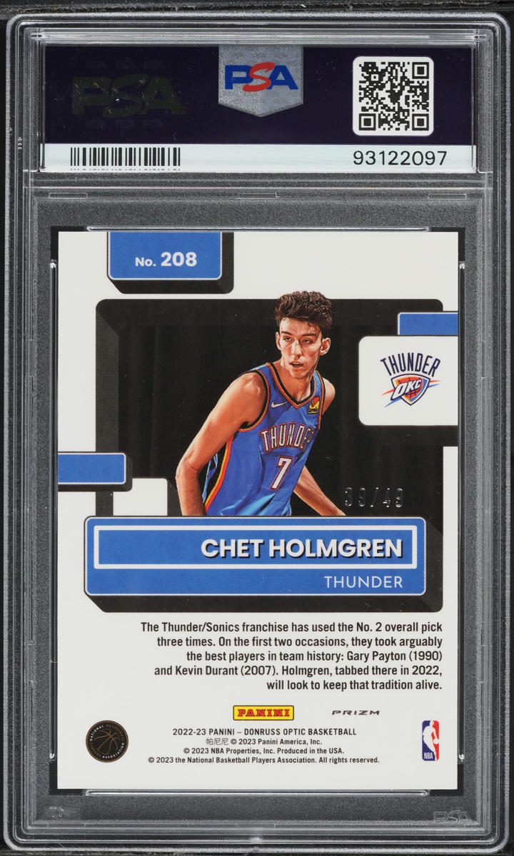2022 Donruss Optic Blue Chet Holmgren ROOKIE /49 #208 PSA 10 GEM MINT