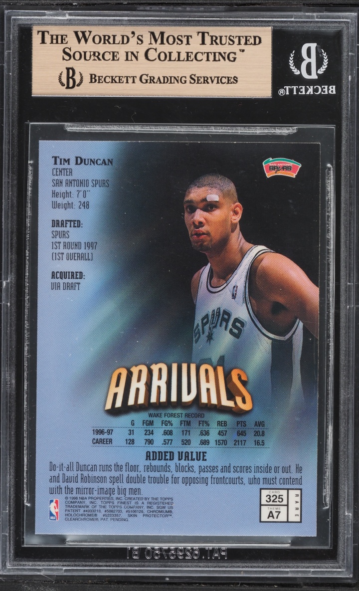 1997 Finest Basketball w/ Coating Tim Duncan ROOKIE #325 BGS 9.5 GEM MINT