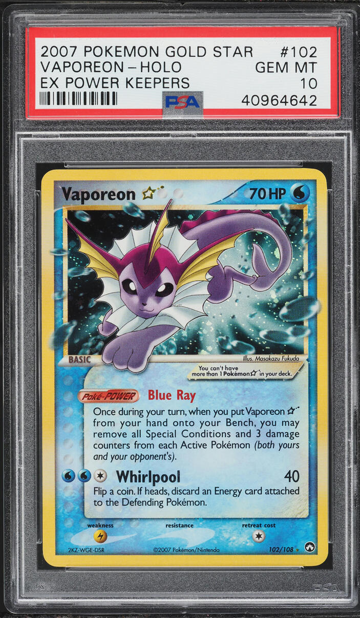 2007 Pokemon EX Power Keepers Holo Vaporeon Gold Star #102 PSA 10 GEM MINT
