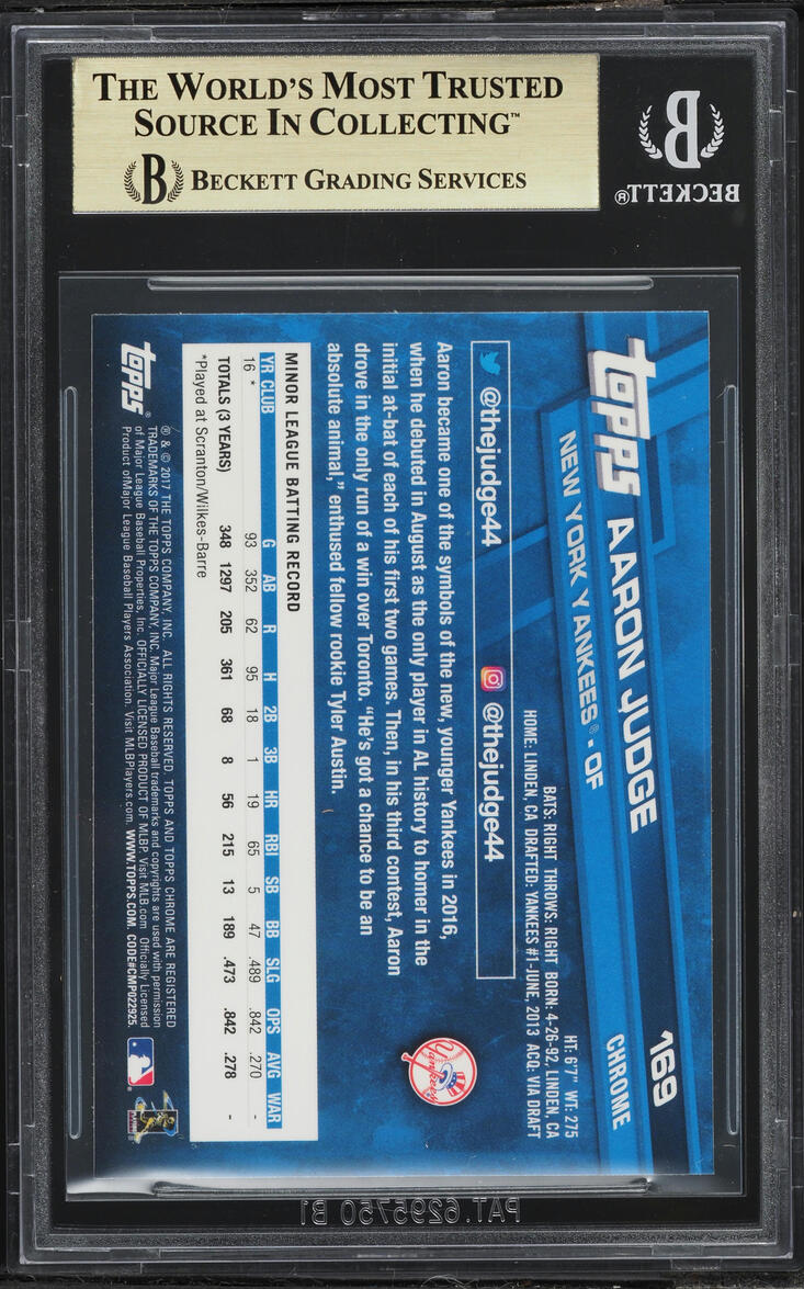 2017 Topps Chrome Aaron Judge ROOKIE #169 BGS 10 PRISTINE