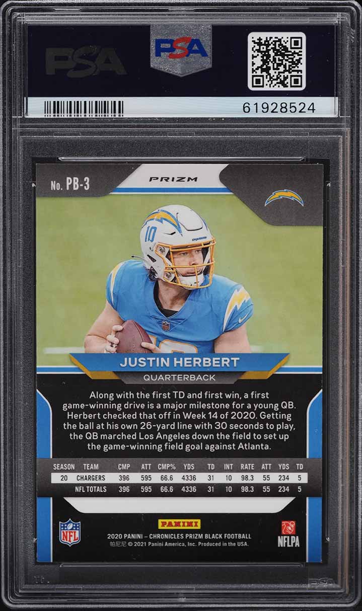 2020 Panini Chronicles Black Silver Prizm Justin Herbert ROOKIE #PB3 PSA 8