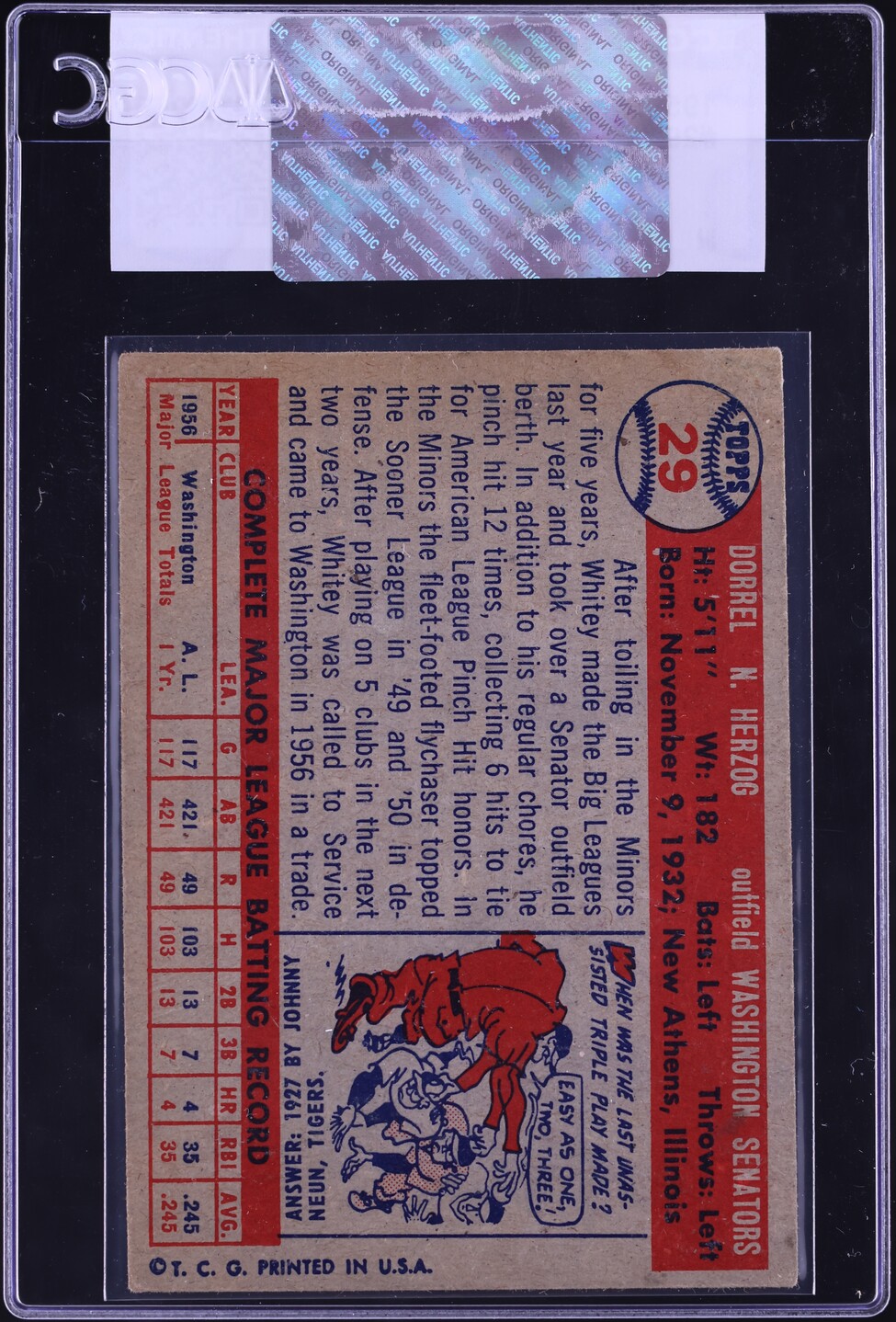 1957 Topps Whitey Herzog #29 JSA CGC AUTH