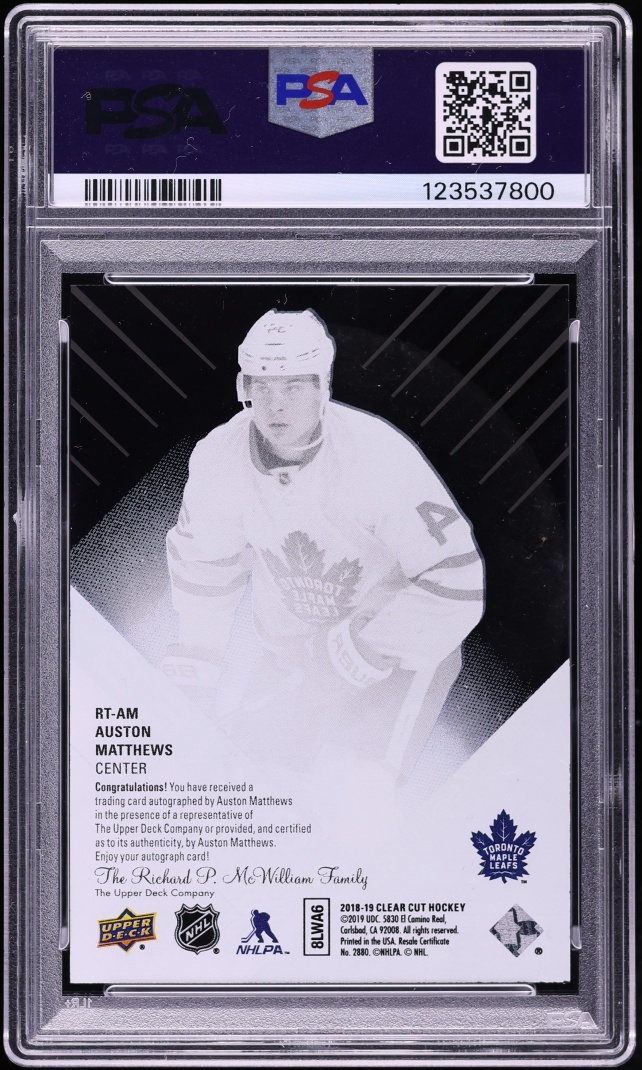 2018 Upper Deck Clear Cut Rookie Tribute Auston Matthews AUTO #RT-AM PSA 10 GEM MINT