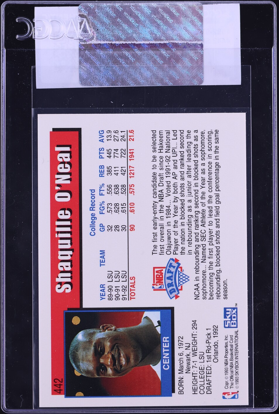 1992 Hoops Shaquille O'Neal ROOKIE #442 CGC AUTH