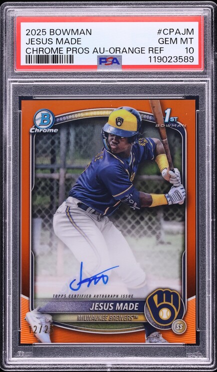 2025 Bowman Chrome Orange Refractor Jesus Made PROSPECT AUTO /25 #CPAJM PSA 10 GEM MINT