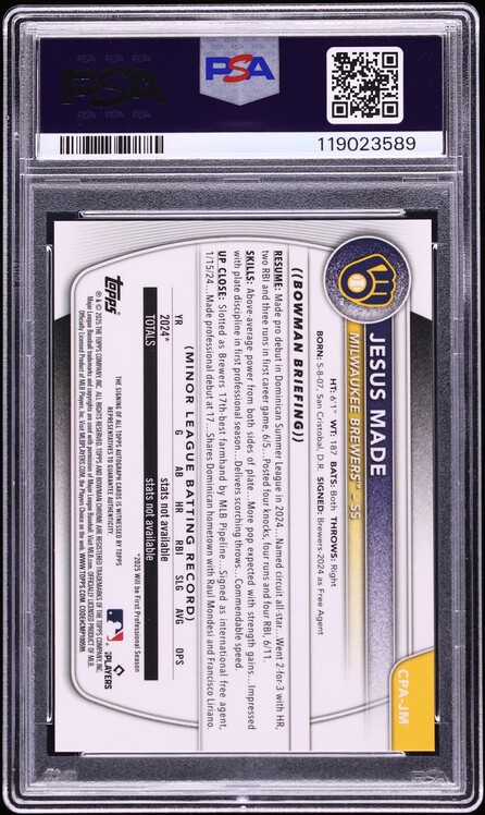 2025 Bowman Chrome Orange Refractor Jesus Made PROSPECT AUTO /25 #CPAJM PSA 10 GEM MINT