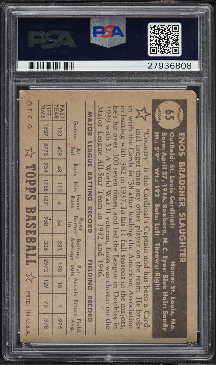 1952 Topps Enos Slaughter BLACK BACK #65 PSA 5 EX